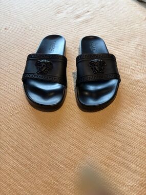 Versace Black Medusa Greek Key Slide Sandals